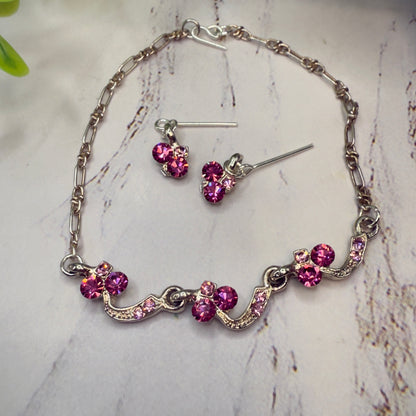 Light Dark Pink Rhinestone Silver Curved Link Doll Necklace & Earrings Set • 18 Inch Fashion Doll Jewelry