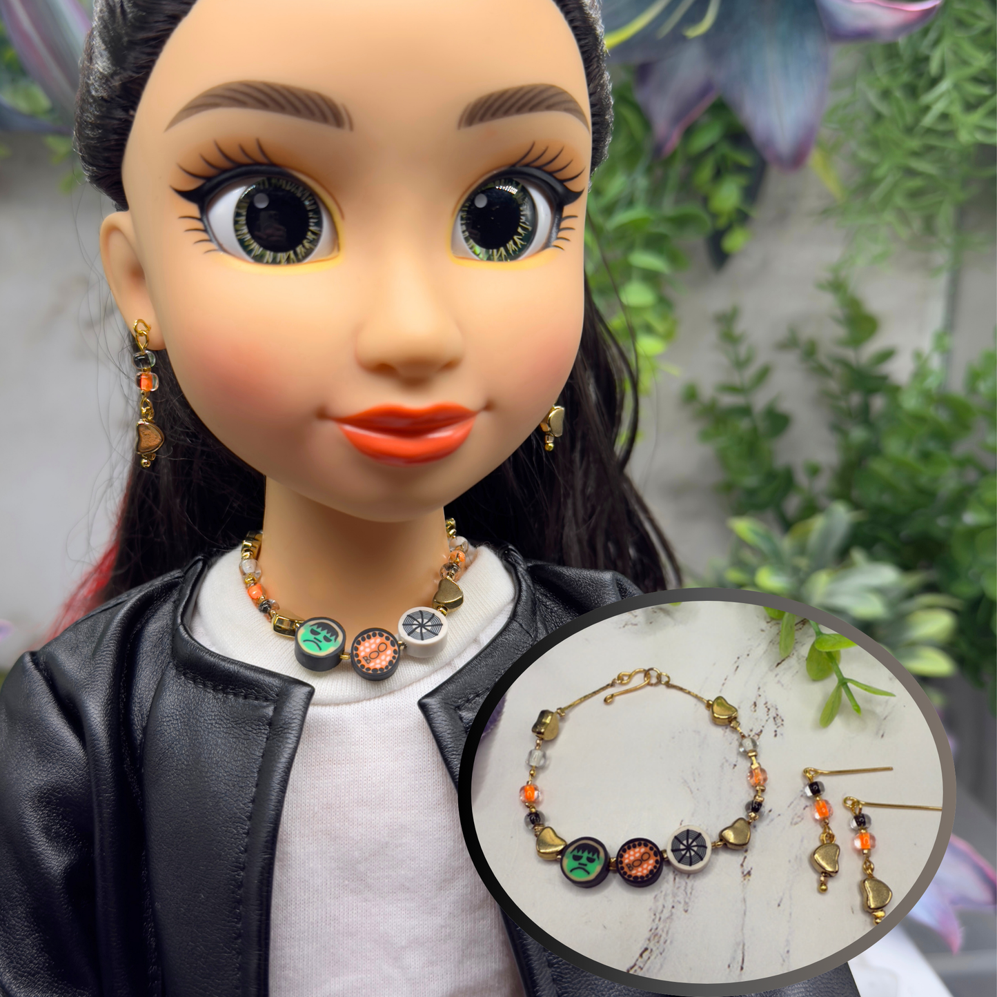 Halloween Boo Spider Web Frankenstein Acrylic Silicone Beaded Doll Necklace and Earrings Set • 18 Inch Fashion Doll Jewelry
