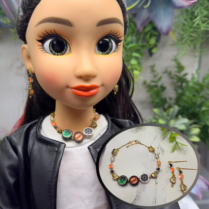 Halloween Boo Spider Web Frankenstein Acrylic Silicone Beaded Doll Necklace and Earrings Set • 18 Inch Fashion Doll Jewelry
