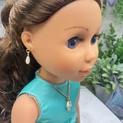 Teardrop Pearl Dangles Doll necklace & Earrings Set • 14 Inch Fashion Doll Jewelry