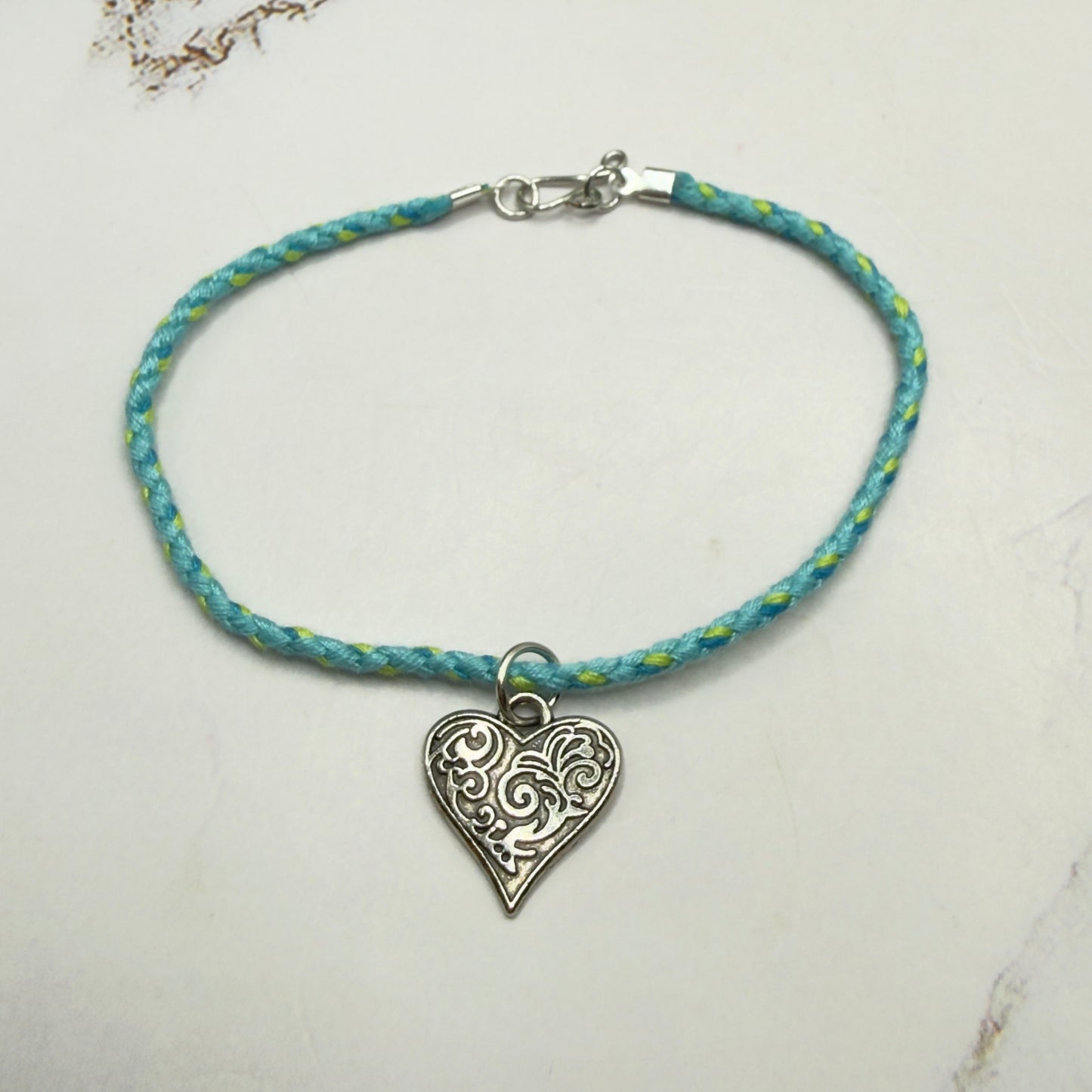 Turquoise Light Blue Braided Thread Doll Necklace Silver Heart Charm • 18 Inch Fashion Doll Jewelry