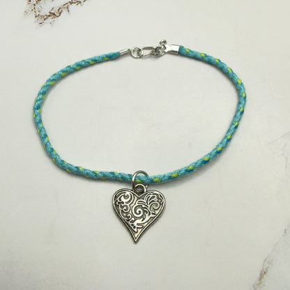 Turquoise Light Blue Braided Thread Doll Necklace Silver Heart Charm • 18 Inch Fashion Doll Jewelry