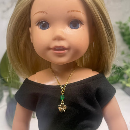 Gold Clover Charm Green Crystal Accent Doll Necklace • 14 Inch Fashion Doll Jewelry