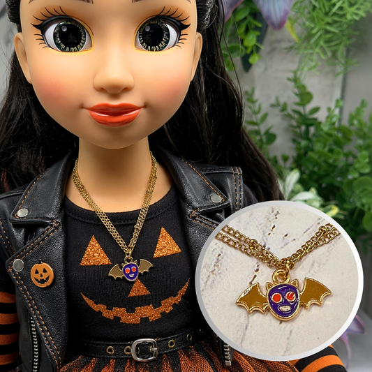 Handmade Doll Jewelry Designed to Fit popular 18 Inch Fashion Dolls: add some “Spooky Halloween 🎃” style to your favorite doll! Cartoon Bat Pendant Double Gold Tone Chain Doll Necklace Halloween