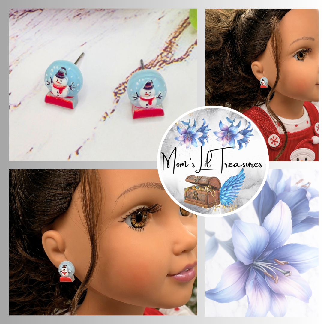 Handmade Doll Jewelry Designed to Fit popular 18 Inch Fashion Dolls: add jolly “Christmas Holiday🎄” style to your favorite doll! Christmas Snow Globe Snowman Post Doll Earrings