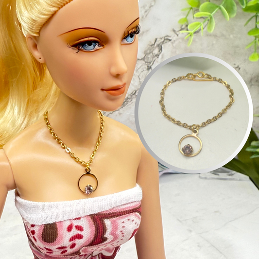 Circle Charm Purple Rhinestone Gold Chain Doll Necklace • Necklace measures 3.75 inches long
 • Necklace shown on 16 Inch Madame Alexander - Alex doll