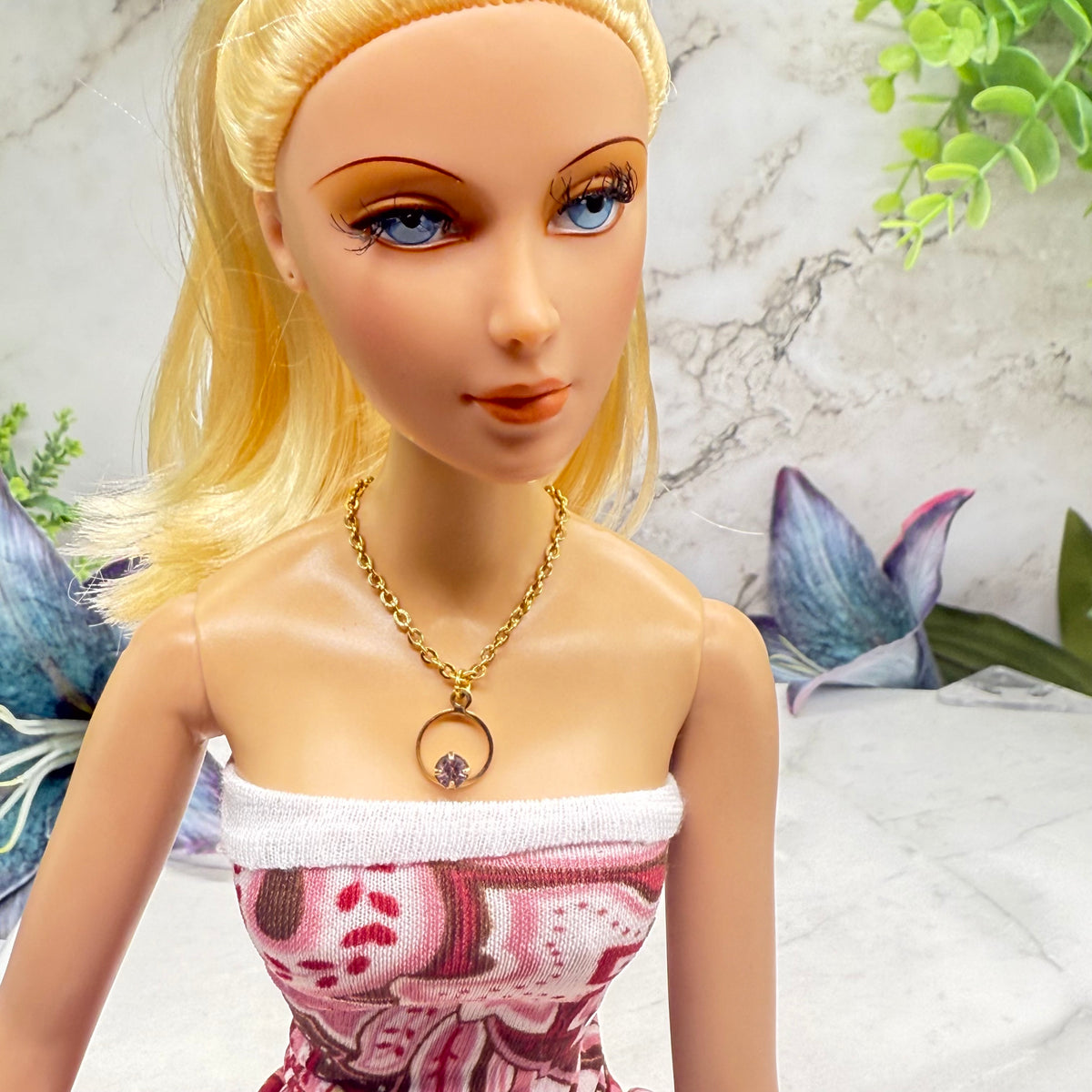 Circle Charm Purple Rhinestone Gold Chain Doll Necklace • Necklace measures 3.75 inches long