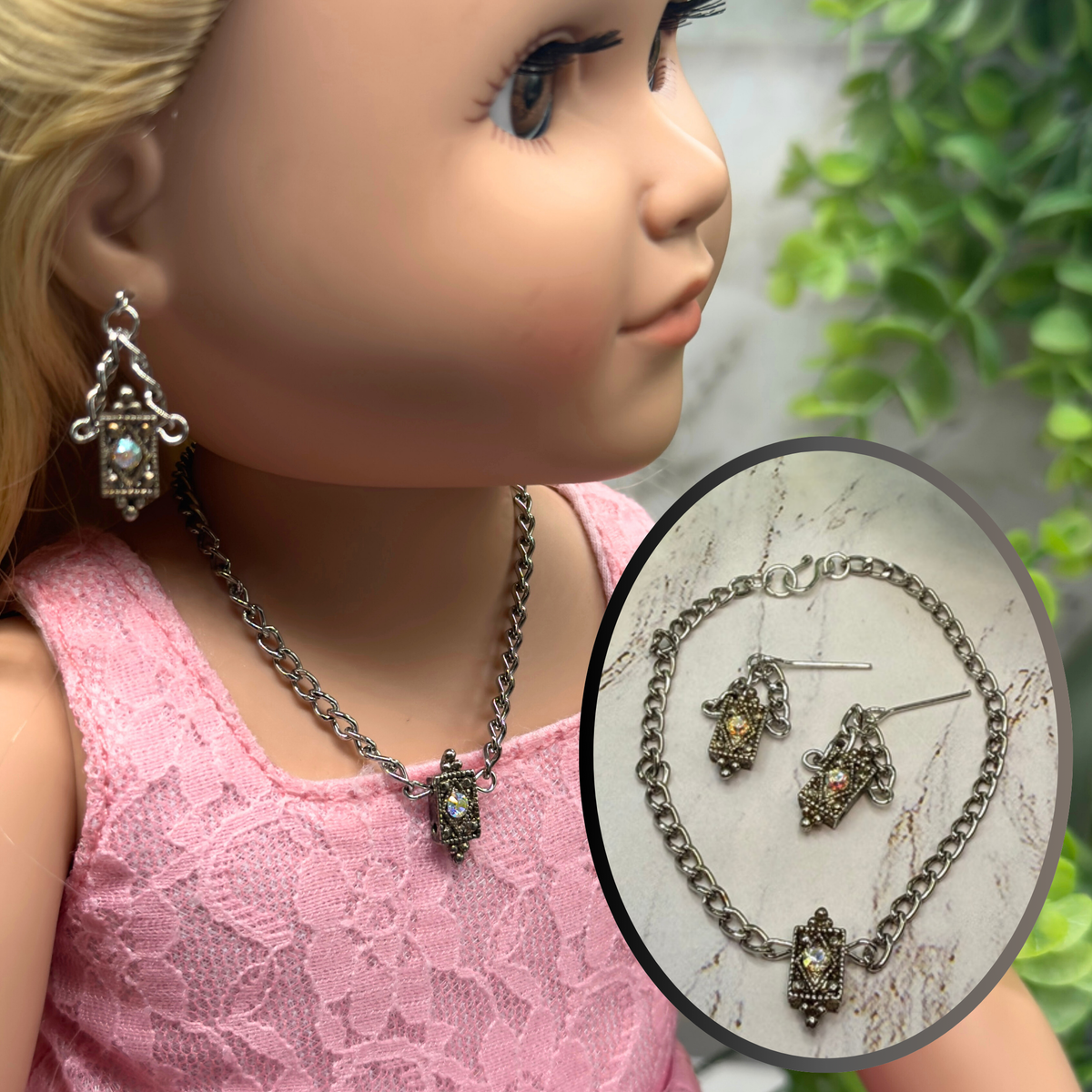 ✨Handmade Doll Jewelry Designed to Fit popular 18 Inch Fashion Dolls: add a stylish touch to your favorite doll!✨

Clear Aurora Borealis Rhinestone Accented Charms on Silver tone Chain Doll Necklace and matching earrings