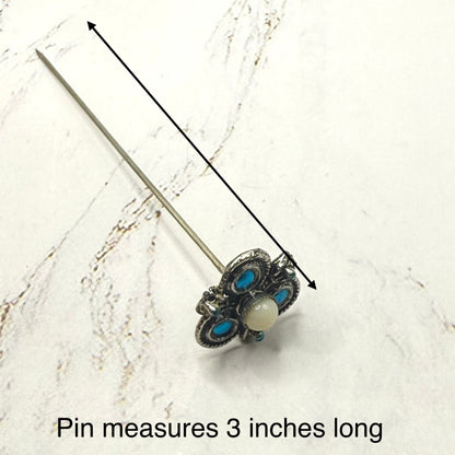 Celtic Clover Shape White Glass Cabochon Center Vibrant Blue Accent - 3 Inch Hatpin