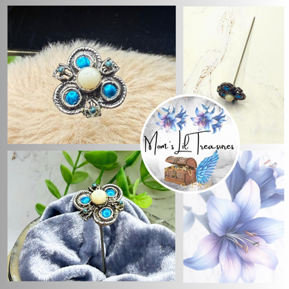 ✨ Handmade Vintage-Inspired Hatpin | Stick Pin | Hat Accessory | Sweater & Hijab Pin | Decorative Jewelry Gift for Her ✨

Celtic Clover Shaped Metal Topper with White Glass Cabochon Center Vibrant bright blue enamel accents - 3 Inch Hatpin