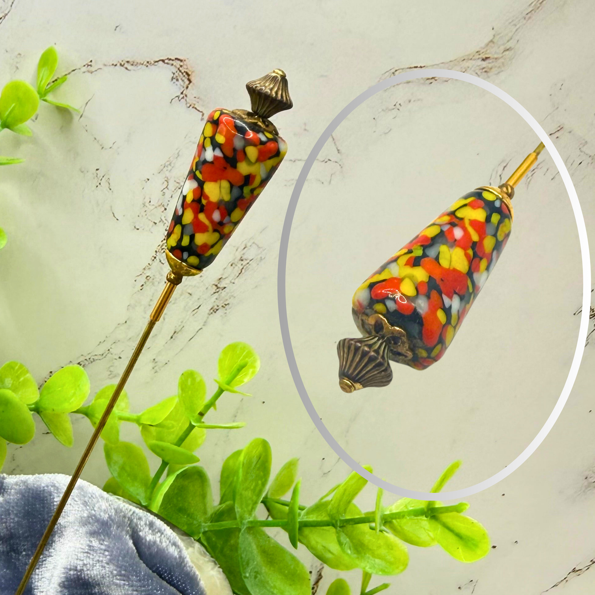 ✨ Handmade Vintage-Inspired Hatpin | Stick Pin | Hat Accessory | Sweater & Hijab Pin | Decorative Jewelry Gift for Her ✨

Cone Shape Glass Multicolor Speckle Pattern  Red Orange Yellow Black - 6 Inch Hatpin