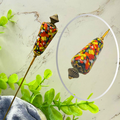 ✨ Handmade Vintage-Inspired Hatpin | Stick Pin | Hat Accessory | Sweater & Hijab Pin | Decorative Jewelry Gift for Her ✨

Cone Shape Glass Multicolor Speckle Pattern  Red Orange Yellow Black - 6 Inch Hatpin