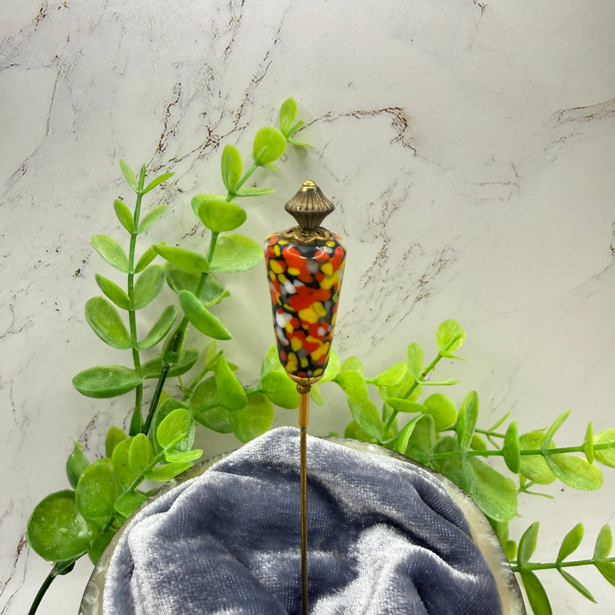 ✨ Handmade Vintage-Inspired Hatpin | Stick Pin | Hat Accessory | Sweater & Hijab Pin | Decorative Jewelry Gift for Her ✨

Cone Shape Glass Multicolor Speckle Pattern  Red Orange Yellow Black - 6 Inch Hatpin