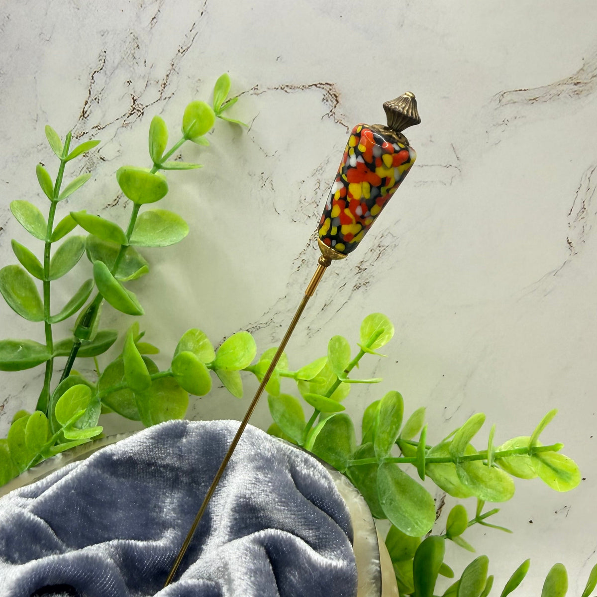 ✨ Handmade Vintage-Inspired Hatpin | Stick Pin | Hat Accessory | Sweater & Hijab Pin | Decorative Jewelry Gift for Her ✨

Cone Shape Glass Multicolor Speckle Pattern  Red Orange Yellow Black - 6 Inch Hatpin