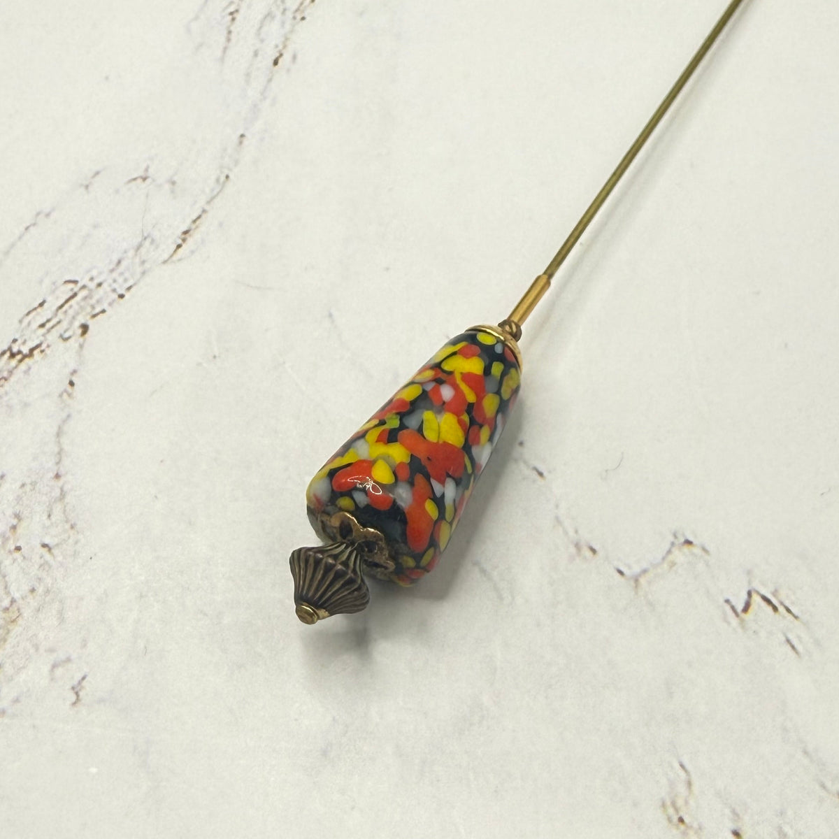 ✨ Handmade Vintage-Inspired Hatpin | Stick Pin | Hat Accessory | Sweater & Hijab Pin | Decorative Jewelry Gift for Her ✨

Cone Shape Glass Multicolor Speckle Pattern  Red Orange Yellow Black - 6 Inch Hatpin