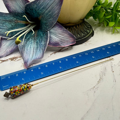 ✨ Handmade Vintage-Inspired Hatpin | Stick Pin | Hat Accessory | Sweater & Hijab Pin | Decorative Jewelry Gift for Her ✨

Cone Shape Glass Multicolor Speckle Pattern  Red Orange Yellow Black - 6 Inch Hatpin