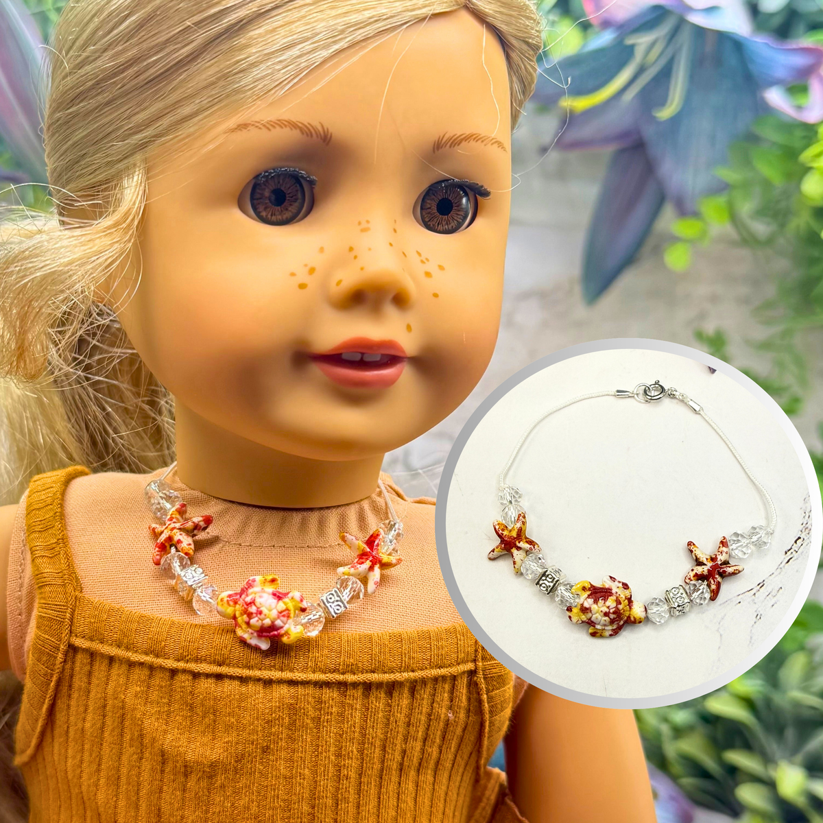 ✨Handmade Doll Jewelry Designed to Fit popular 18 Inch Fashion Dolls: add a little “Summer Fun ☀️ Beachy Style 🏝️” to your favorite doll!✨

Coral Red Yellow Starfish Sea Turtle Beaded Doll Necklace