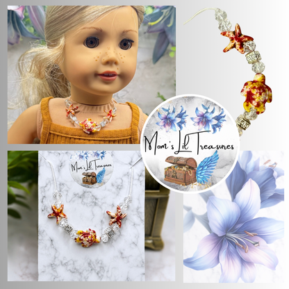 ✨Handmade Doll Jewelry Designed to Fit popular 18 Inch Fashion Dolls: add a little “Summer Fun ☀️ Beachy Style 🏝️” to your favorite doll!✨

Coral Red Yellow Starfish Sea Turtle Beaded Doll Necklace