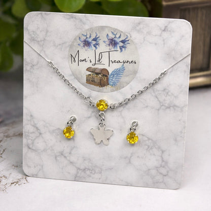 Yellow Rhinestone Silver Butterfly Charm Doll Necklace & Earrings for 16 Inch Fashion Dolls