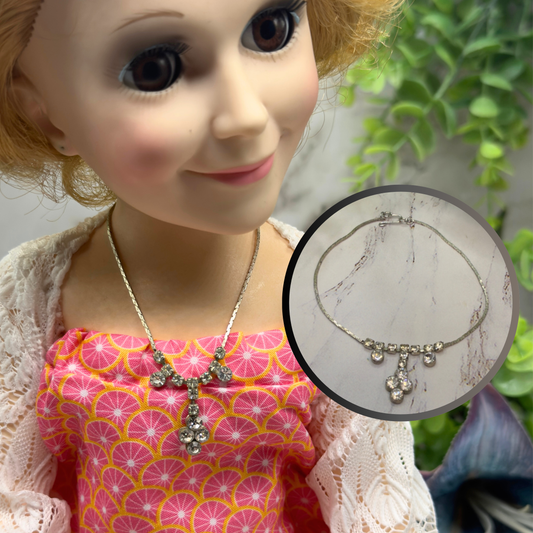 Clear Rhinestone Drop Dangle Silver Serpentine Doll Necklace • 18-22” Vintage Doll Jewelry