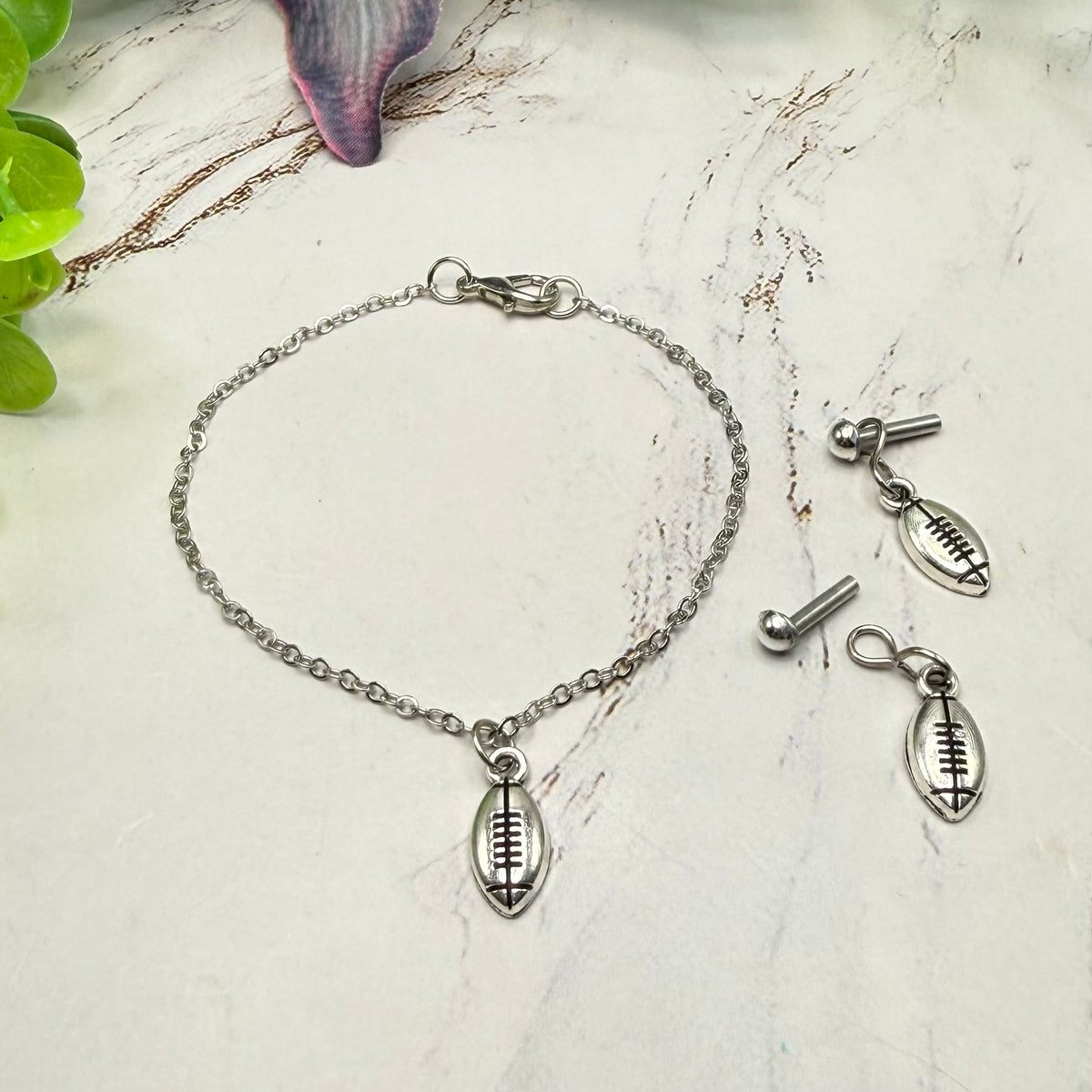 Silver Football Sports Charm Doll Necklace & 2mm Post Earrings | for 18 Inch Doll • American Girl