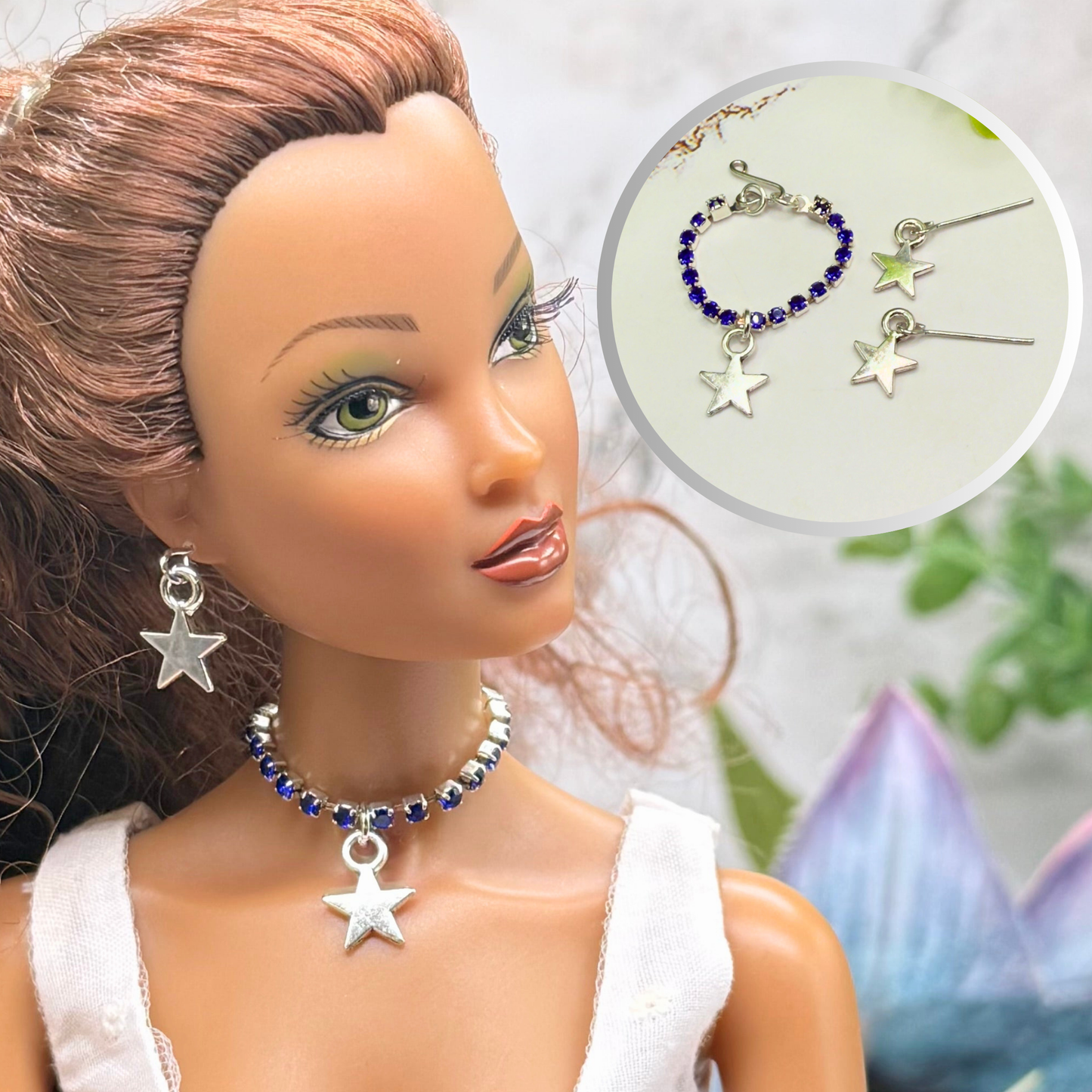 Blue Rhinestone Silver Star Charm Doll Necklace & Earrings for 16 Inch Fashion Doll