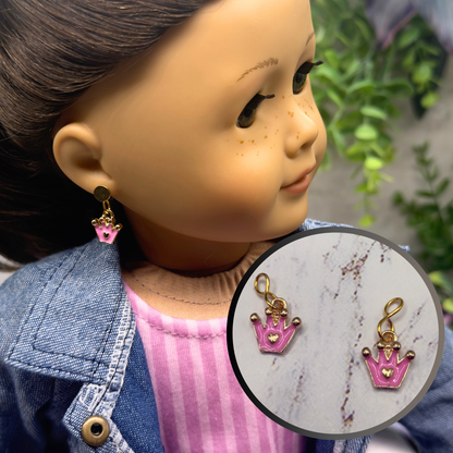 Pink Crown Princess Heart Charm Doll Earring DANGLE ONLY • 18” Fashion Doll Jewelry