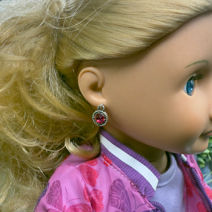 Dark Pink Round Rhinestone Dangle Doll Earrings • 18 Inch Fashion Doll Jewelry