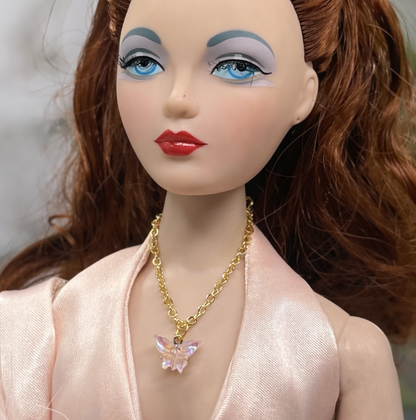 Light Pink Iridescent Acrylic Butterfly Charm Gold Doll Necklace for 16 Inch Fashion Dolls
