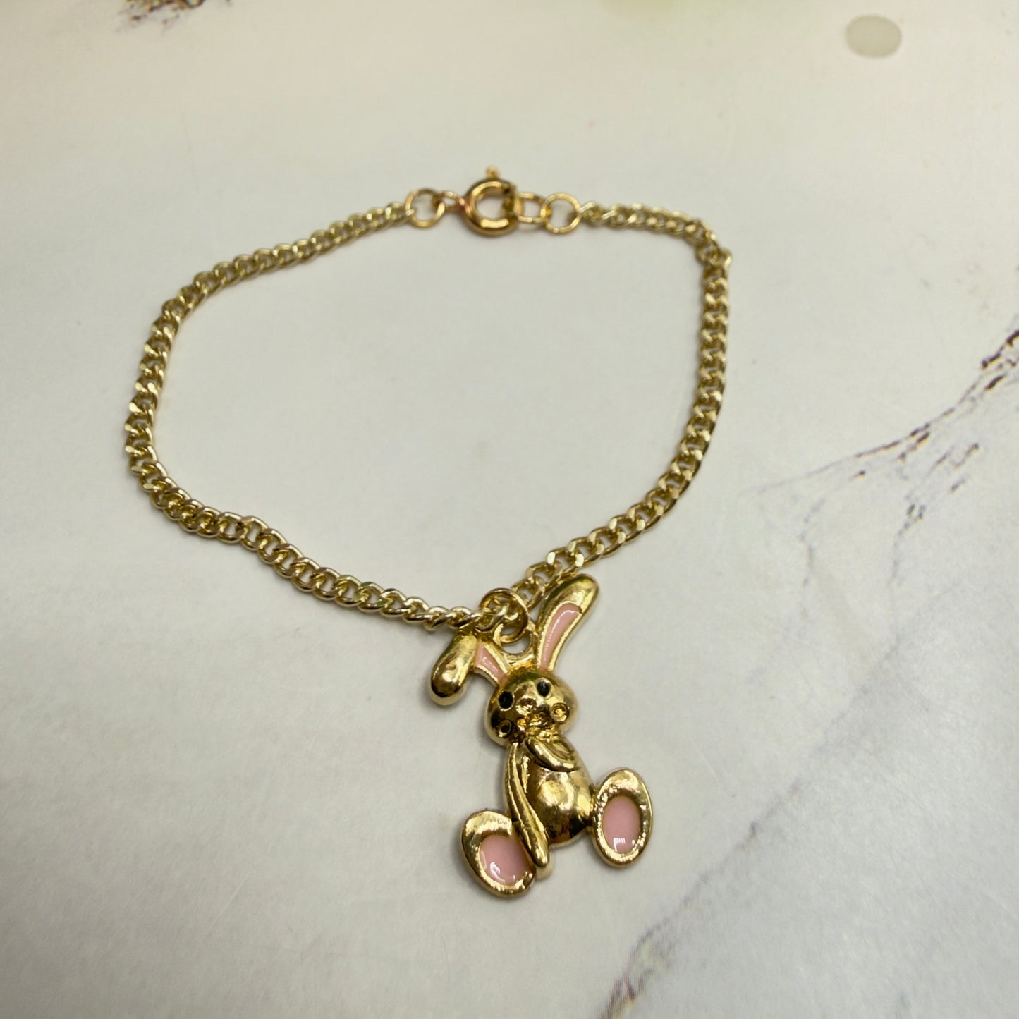 Gold Floppy Ear Bunny Light Pink Enamel Accent Charm Doll Necklace • 18 Inch Fashion Doll Jewelry