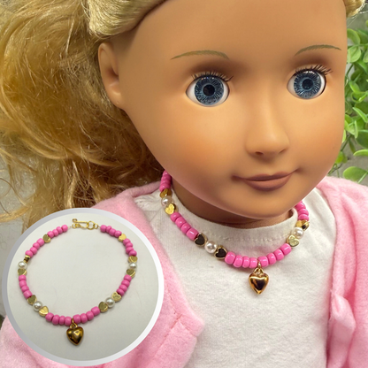 Pink & Pearl Beaded Gold Heart Valentine’s Day Doll Necklace • 18 Inch Fashion Doll Jewelry