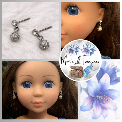 Silver Rhinestone Accented Ball Dangle Earrings • 14 Inch Doll Jewelry