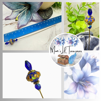 Cobalt Blue Crystal Bright Color Floral Swirl Design Cloisonné - 6 Inch • Hatpin - Stick Pin