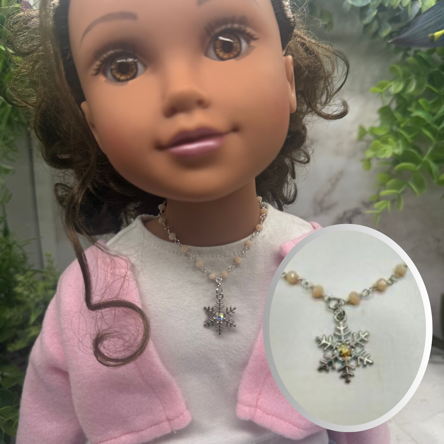 Light Pinkish Beige Glass Crystal Beaded Snowflake Doll Necklace • 18 Inch Fashion Doll Jewelry