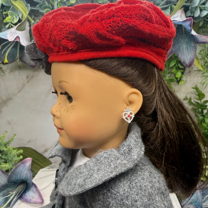 Silver Heart w/ Crown Red Rhinestone Post Doll Earrings • 2mm Post for 18 Inch Fashion Doll