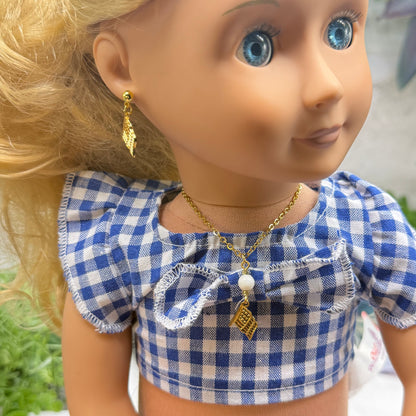 White Bead Gold Flag Dangle Doll Necklace & Earrings Set for 18 Inch Fashion Doll