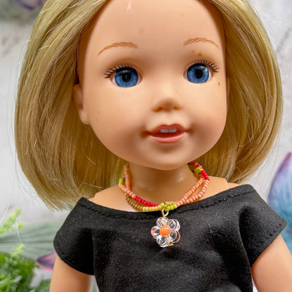 Clear Flower Charm Pink Green Coral Brown Beaded Doll Necklace • 14 Inch Fashion Doll Jewelry