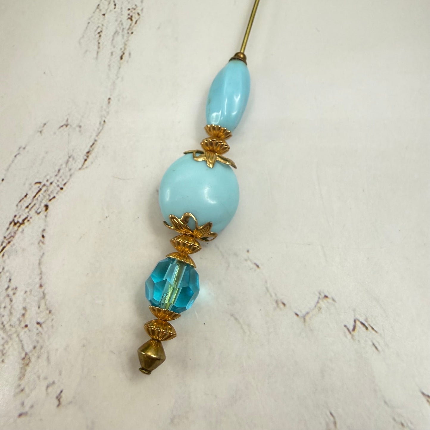 Robin’s Egg Blue Aqua Glass Bead Gold Filigree - 8 Inch Hatpin