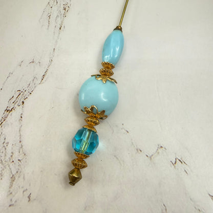 Robin’s Egg Blue Aqua Glass Bead Gold Filigree - 8 Inch Hatpin