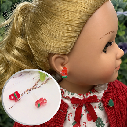 Red Christmas Mitten Silicone / Plastic Post Doll Earrings • 18 Inch Fashion Doll Jewelry