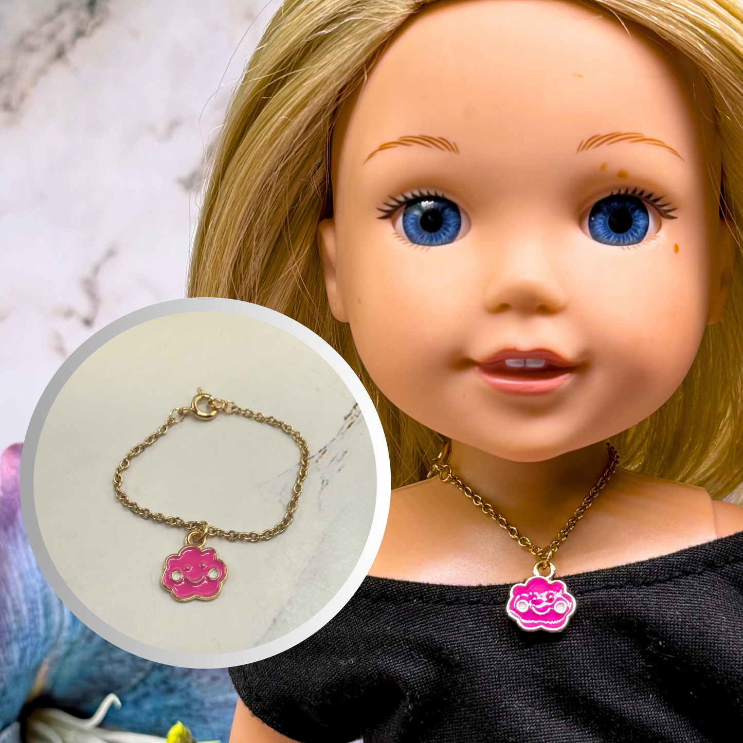 Pink Enamel Smiling Happy Cloud Charm Gold Doll Necklace • 14 Inch Fashion Doll Jewelry