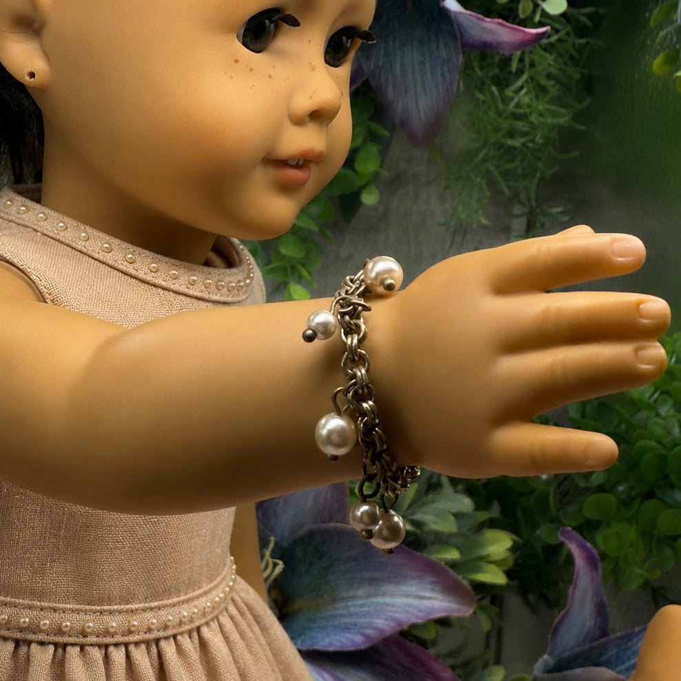 Gold Brass Tone Chain Pearl Dangles Doll Charm Bracelet • 18 Inch Fashion Doll Jewelry