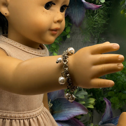 Gold Brass Tone Chain Pearl Dangles Doll Charm Bracelet • 18 Inch Fashion Doll Jewelry