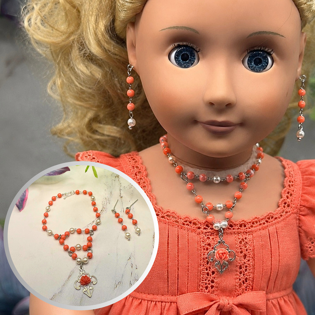 Coral Orange & Pearl Filigree Dangle Silver Doll Necklace & Earrings • 18 Inch Fashion Doll Jewelry