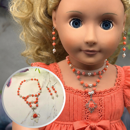 Coral Orange & Pearl Filigree Dangle Silver Doll Necklace & Earrings • 18 Inch Fashion Doll Jewelry