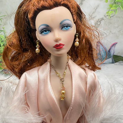 Pink Crystal Pearl Gold Y-Drop Doll Necklace & Earrings • 16 Inch Fashion Doll Jewelry