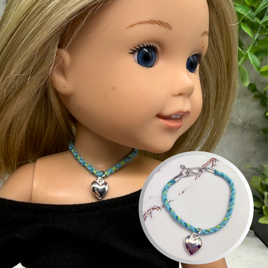 Turquoise Blue Green Braided Thread Doll Necklace w/ Silver Heart Charm • 14 Inch Fashion Doll Jewelry