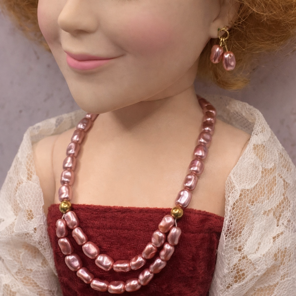 Light Purple Pearl Doll Necklace Earring Set • 18-22 Inch Vintage Doll Jewelry