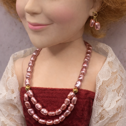 Light Purple Pearl Doll Necklace Earring Set • 18-22 Inch Vintage Doll Jewelry