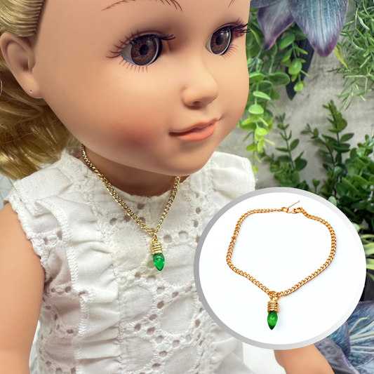 Green Christmas Light Charm Gold Doll Necklace • 18 Inch Fashion Doll Jewelry